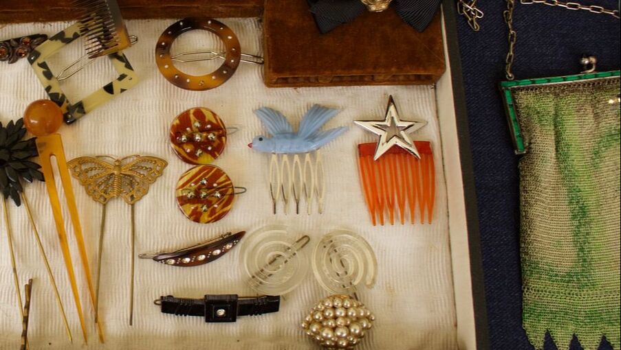 Display of vintage jewellery and hair accessories on stall at Flea London 